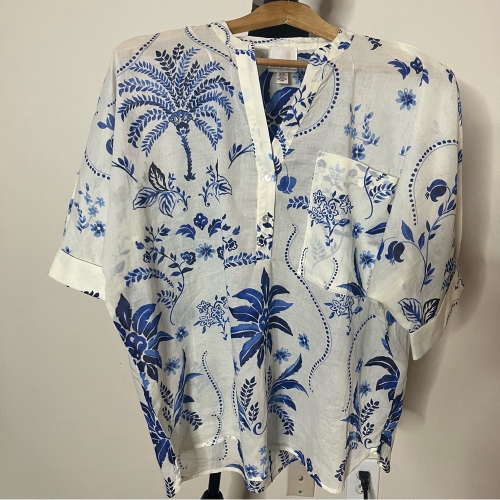 INDUSTRY Women’s Blue/White Floral Print Short Cuffed Dolman Sleeve Cotton Top M - Picture 7 of 8